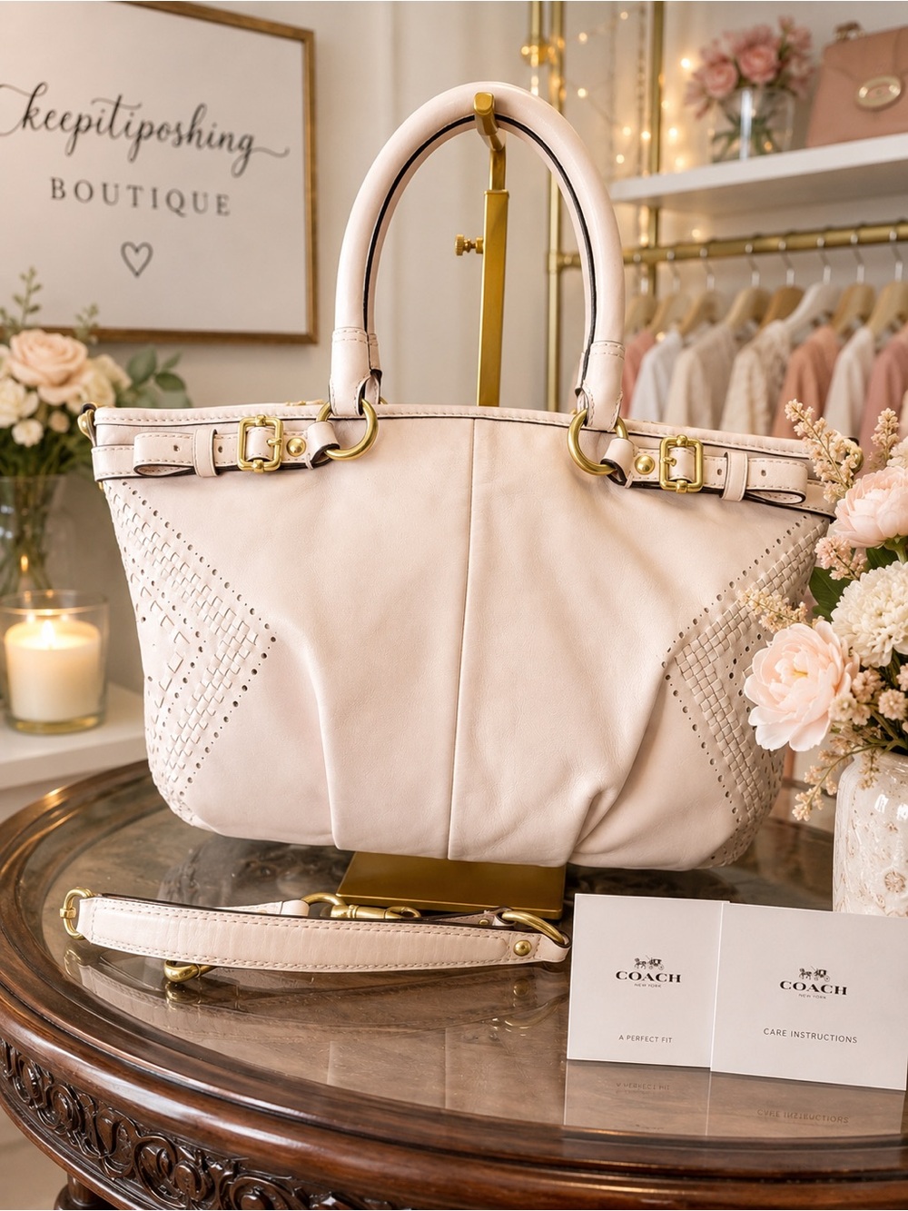 Coach Blush Pink Woven Leather Shoulder Bag with Gold Hardware - Picture 4 of 8